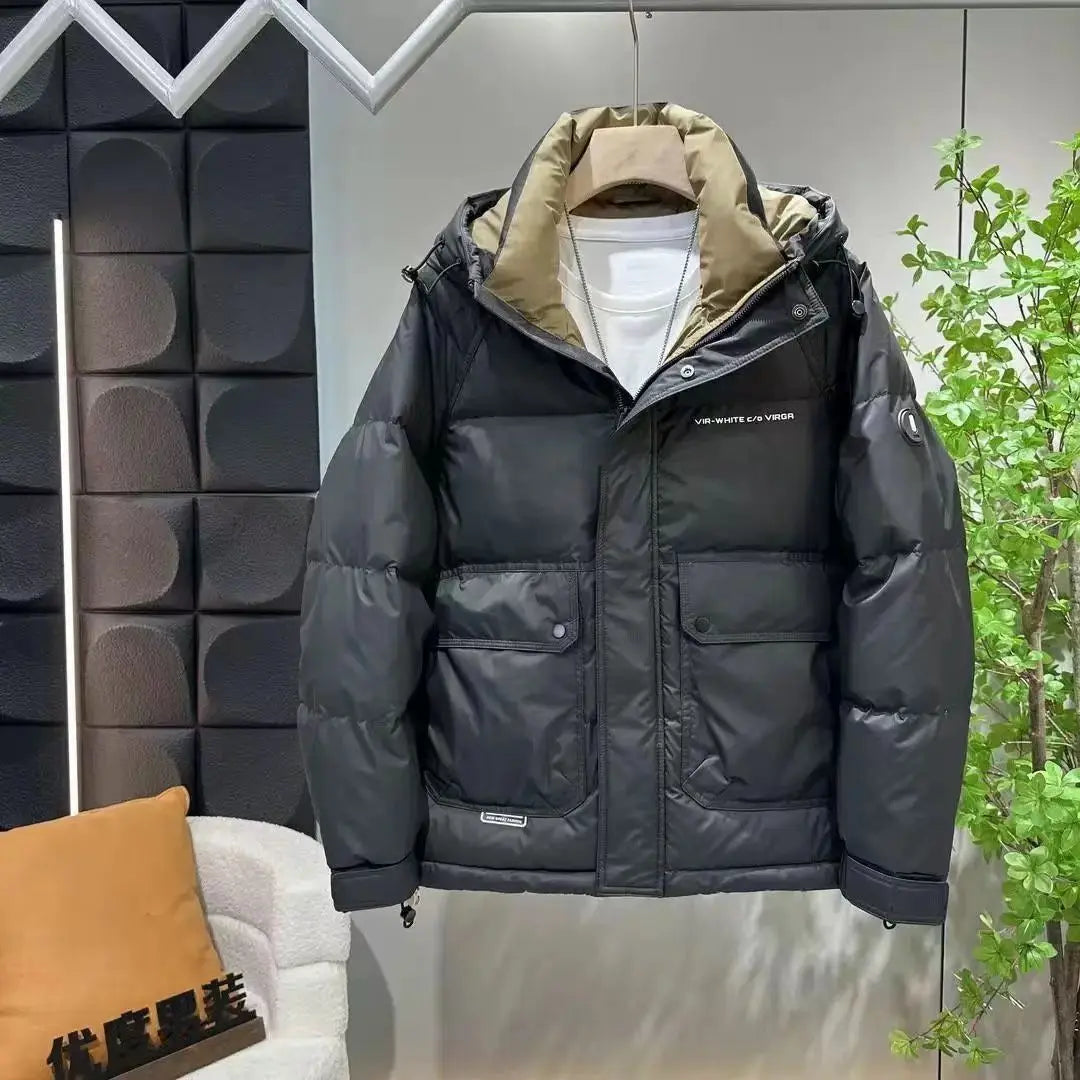 Men's Winter Down Jacket Windproof Thickened Warm Non Washable Hooded White Duck Short Down Coats Trendy Down Puffer Jackets