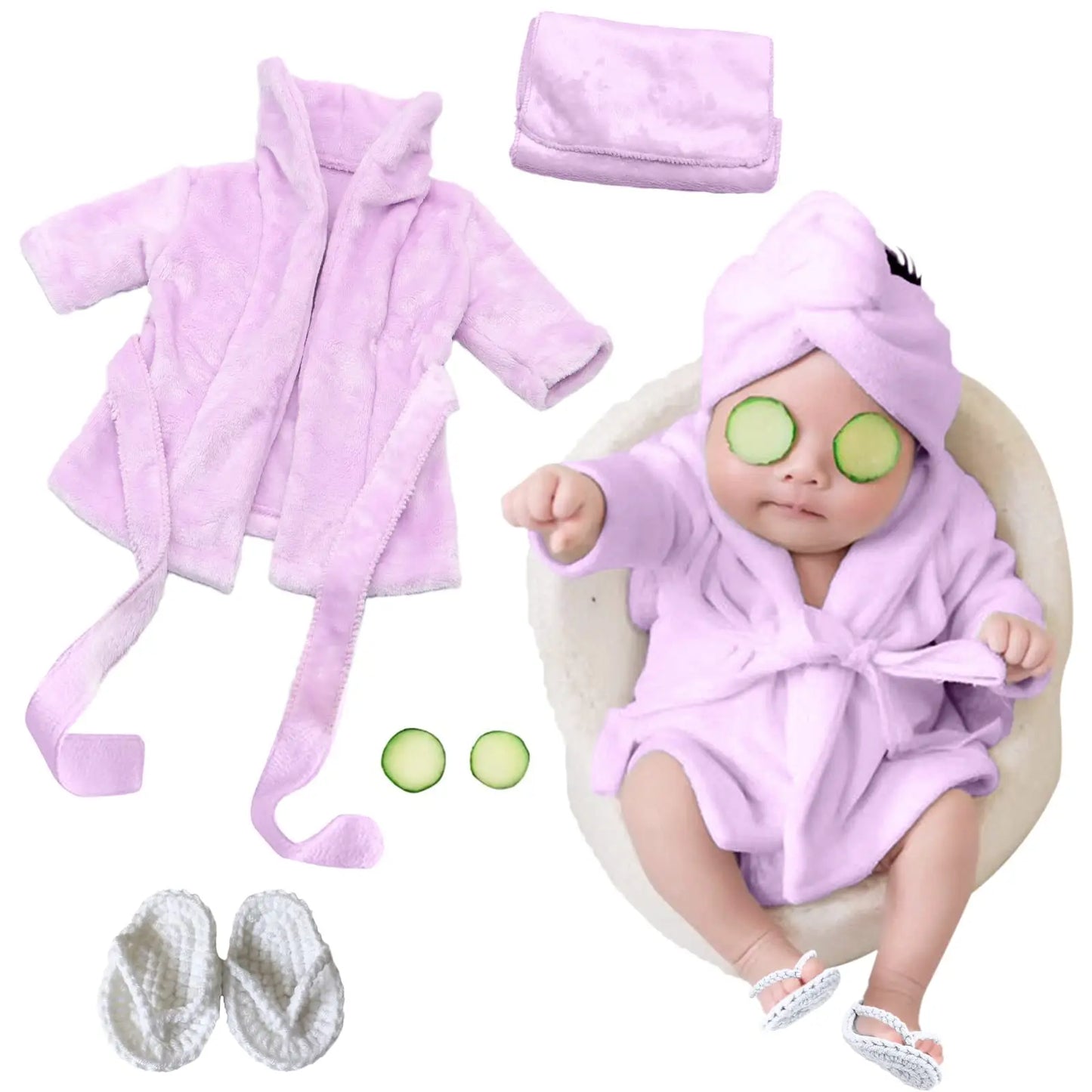 5PCS Newborn Photography Props Baby Girl Bathrobes Bath Towel Outfit with Slippers Cucumber Photo Props for Infant Boys Girls