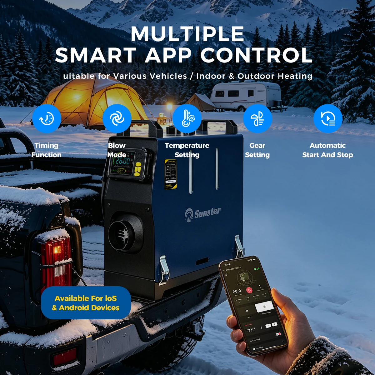 Sunster 8KW Diesel Air Heater All-in-One 12V/24V 110-240V Dual Power Portable with Handle Fast Heat No Cold Air 35dB Silent Parking Heater APP LCD for Camping RV