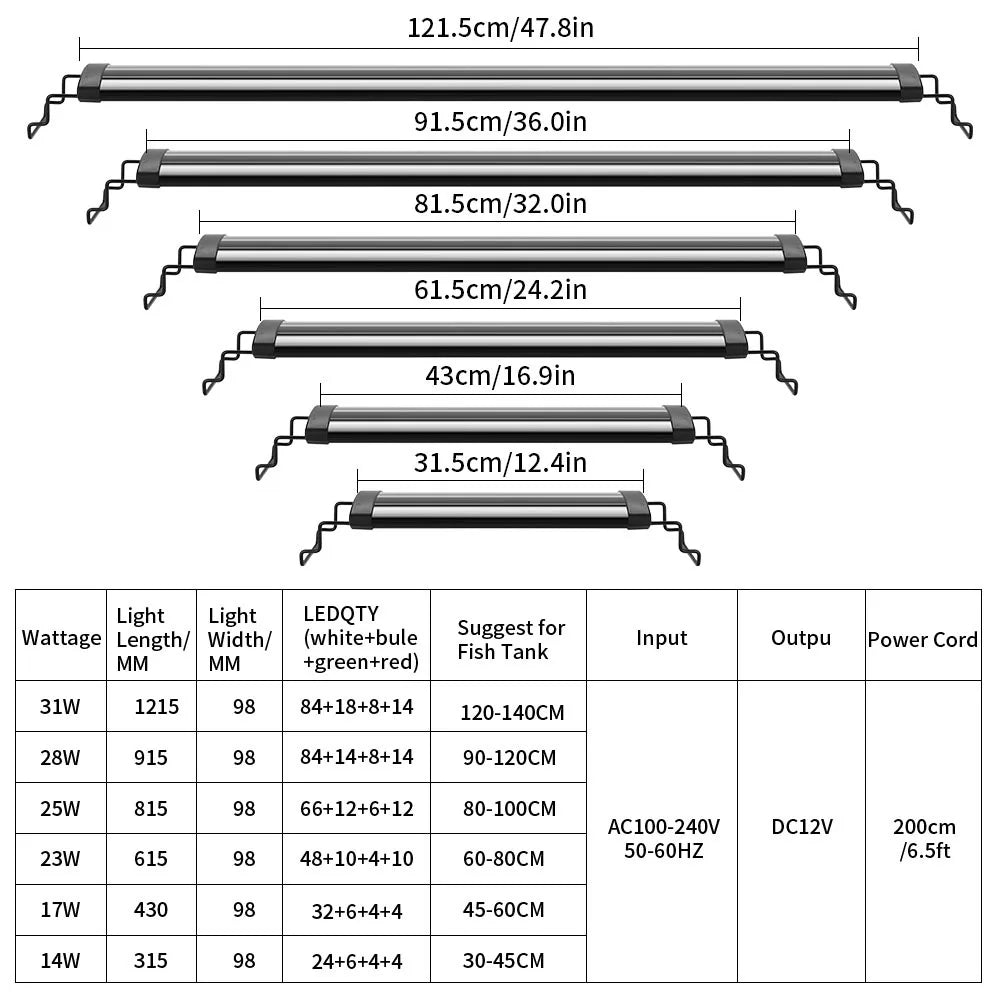Aquarium LED Light Super Slim Fish Tank Aquatic Plant Grow Lighting Waterproof Bright Clip Lamp RGB LED 31-120cm for Fish Tank