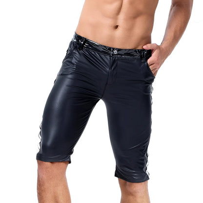 Mens Faux Leather Shorts Pants Patchwork Side Button Pocket Casual Pencil Trousers Party Clubwear Stage Pants Streetwear 2XL