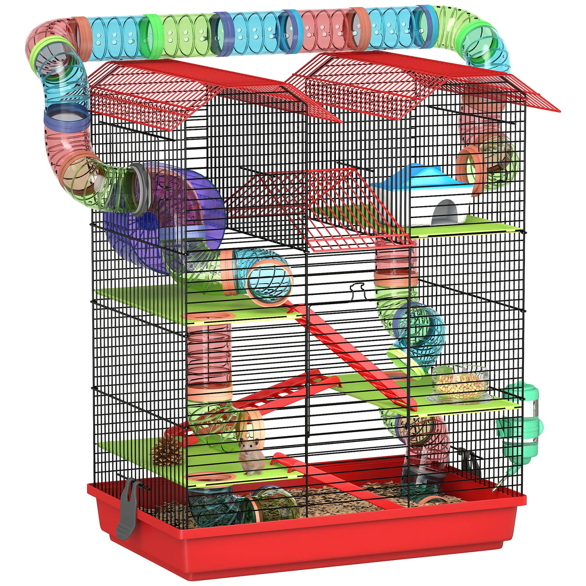 Pawut Cage for Hamster Mouse small animal rodent with Tunnel feeder wheel toy 47x30x59 cm red