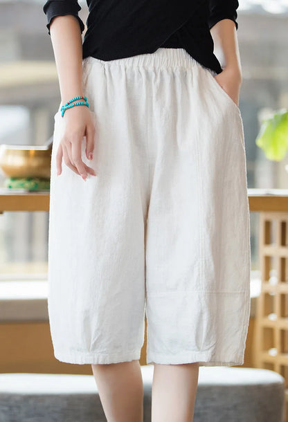 Johnature Women Solid Color Linen Casual Shorts 2025 Summer New Elastic Waist Striped Shorts