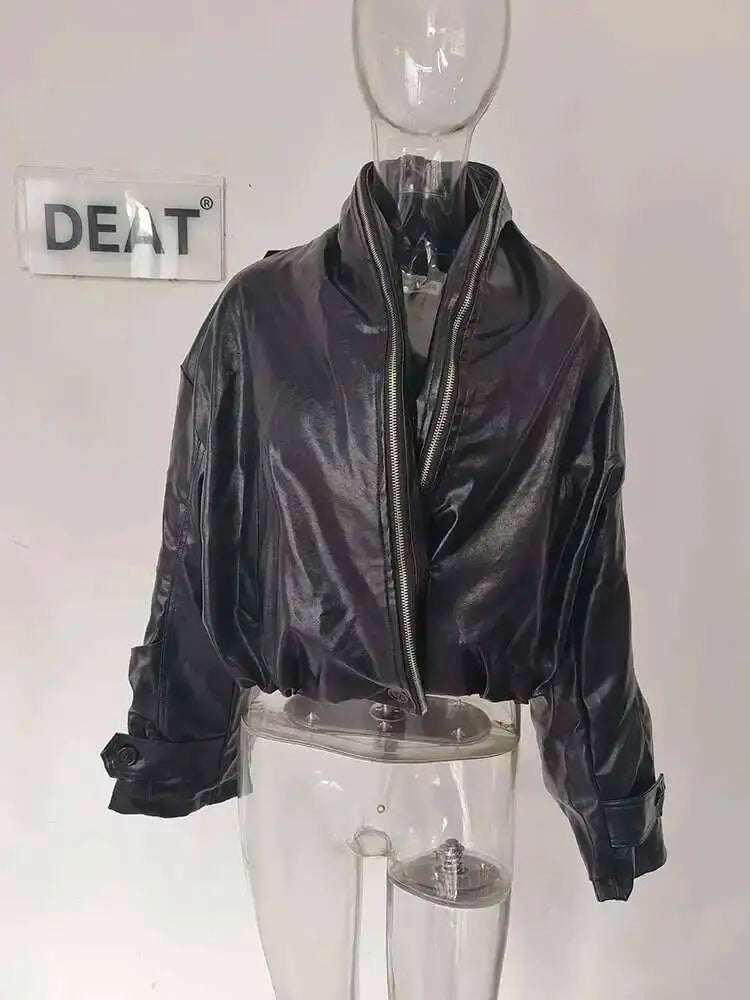 DEAT 2026 Summer New Item Fashion Double Zipper PU Leather Quilted Jacket For Women High Street Black Loose Coat Female 11A01245