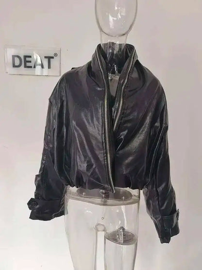 DEAT 2026 Summer New Item Fashion Double Zipper PU Leather Quilted Jacket For Women High Street Black Loose Coat Female 11A01245