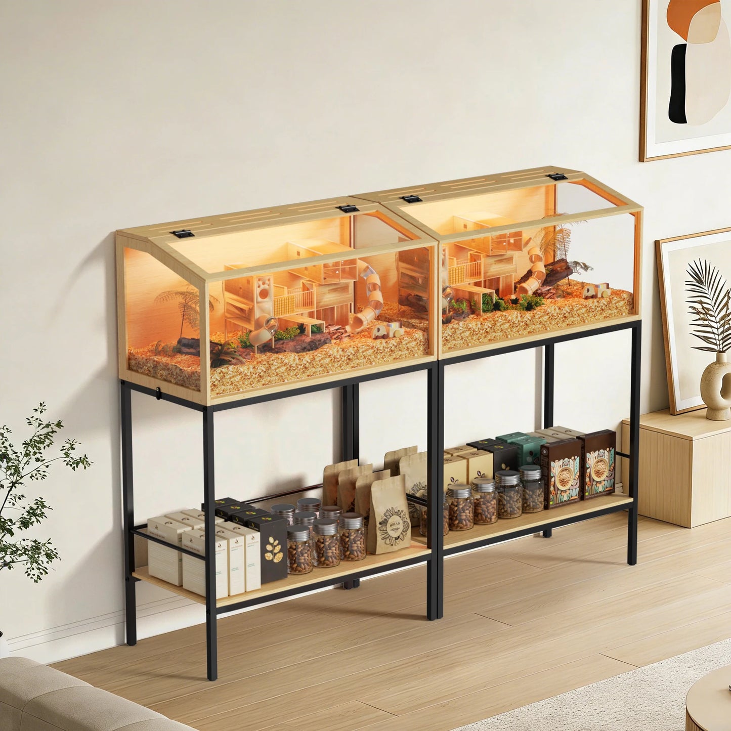 Large Wooden Hamster Cage Clear Tempered Glass Pet Small Animal Habitat Cage Playful Hutch House