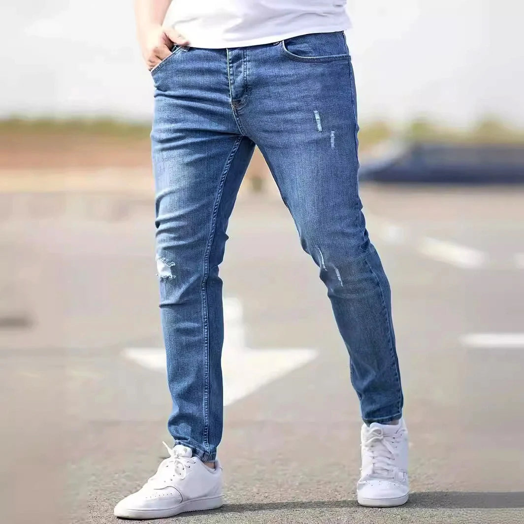 Men's American Retro Hole-Punched Stretch Slim Fit Jeans Zipper Casual Streetwear Denim Pants Classic Black Blue Skinny Trousers