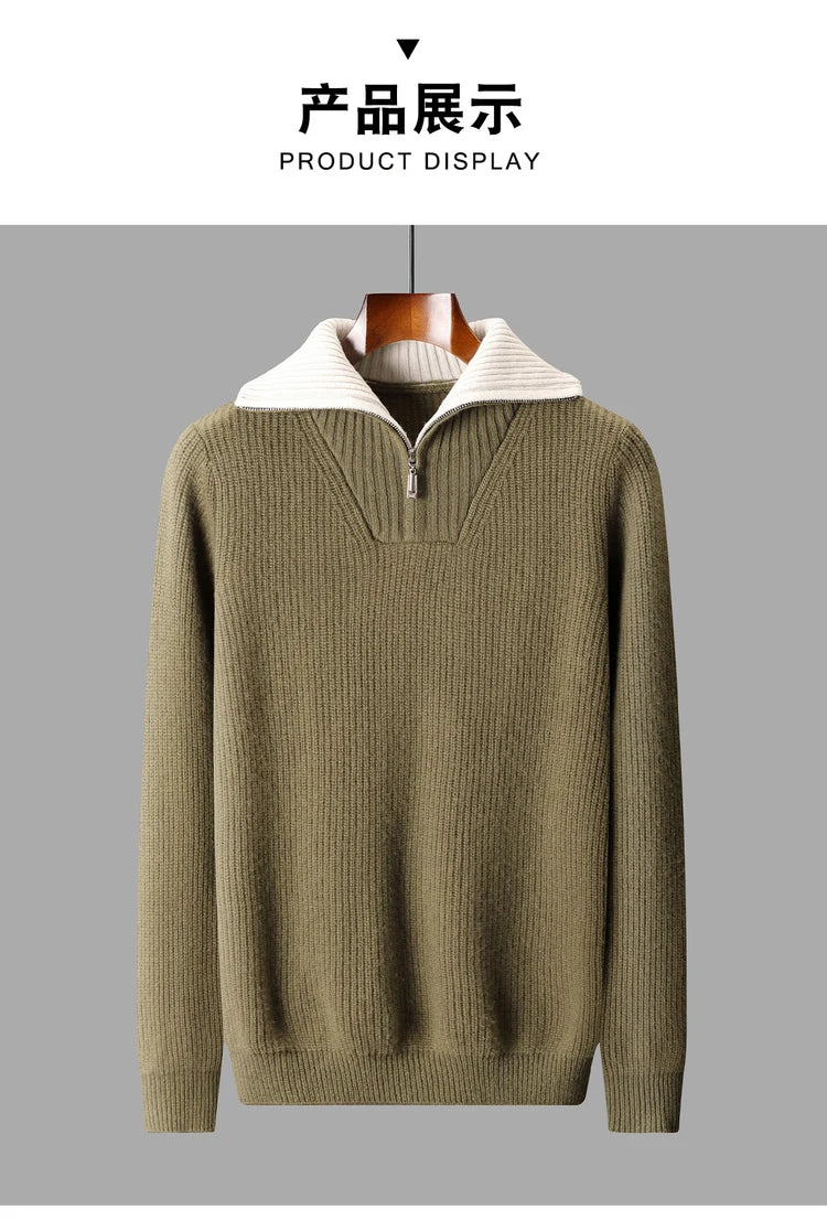 Pullover sweater for men, men's lapel sweater 2025 new loose knit autumn and winter full sleeved men's 100% Australian wool swea
