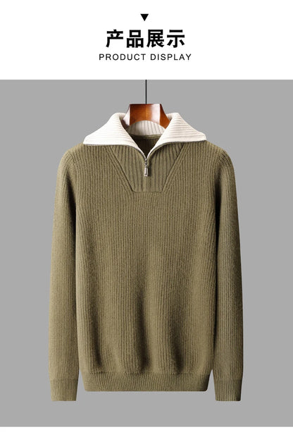 Pullover sweater for men, men's lapel sweater 2025 new loose knit autumn and winter full sleeved men's 100% Australian wool swea