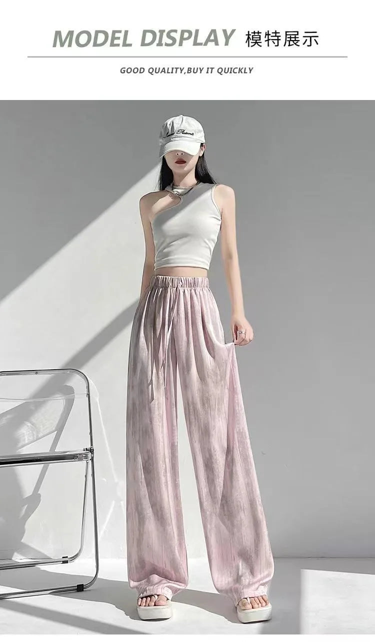 Summer Loose Straight Casual Draped Ice Silk Tie-Dye Wide-Leg Pants Grils Mosquito-proof Casual Trousers Women's Wide-leg Pants