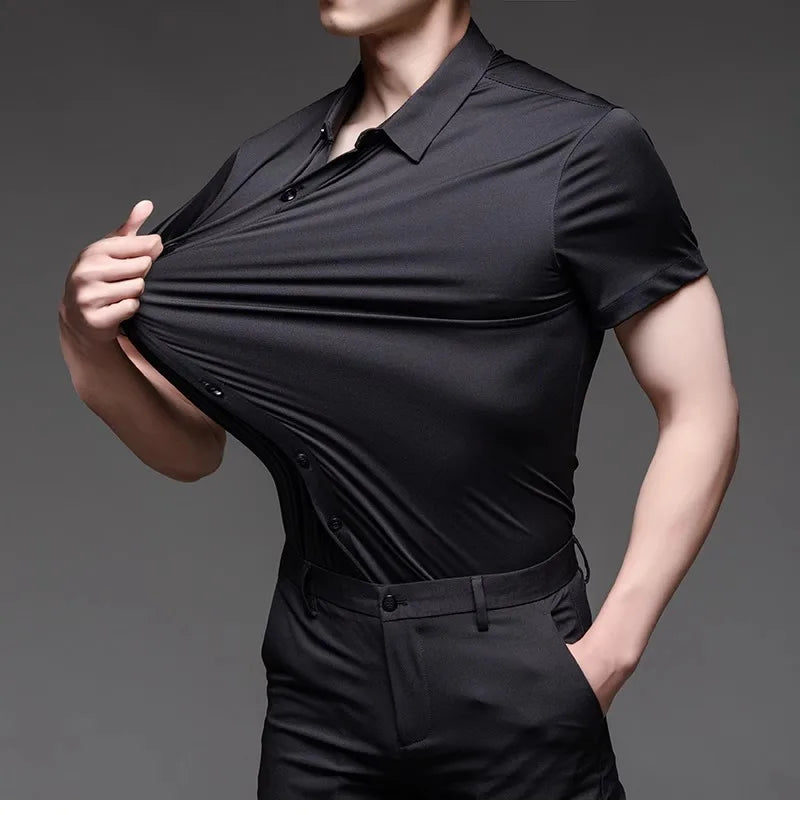 High Quality Dress Shirts For Men Business Casual Seamless Wrinkle Resistant Button Soft Elastic Luxurious Male White Clothing
