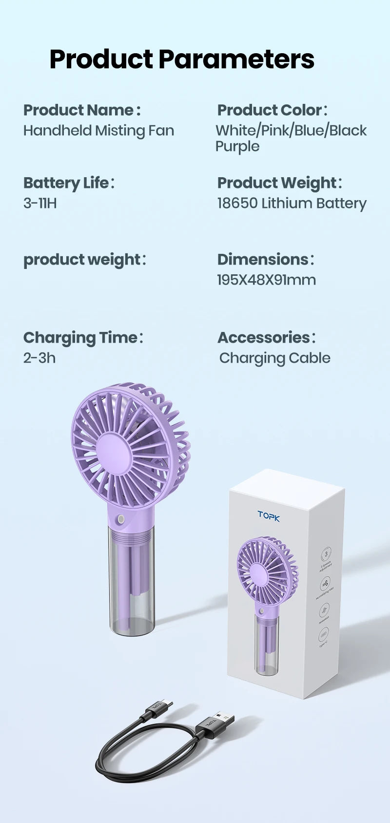 TOPK Mini Portable Fan with Water Mist,2000mAh Capacity& Humidifying Function for Summer Personal Electric Fan USB fans for Room