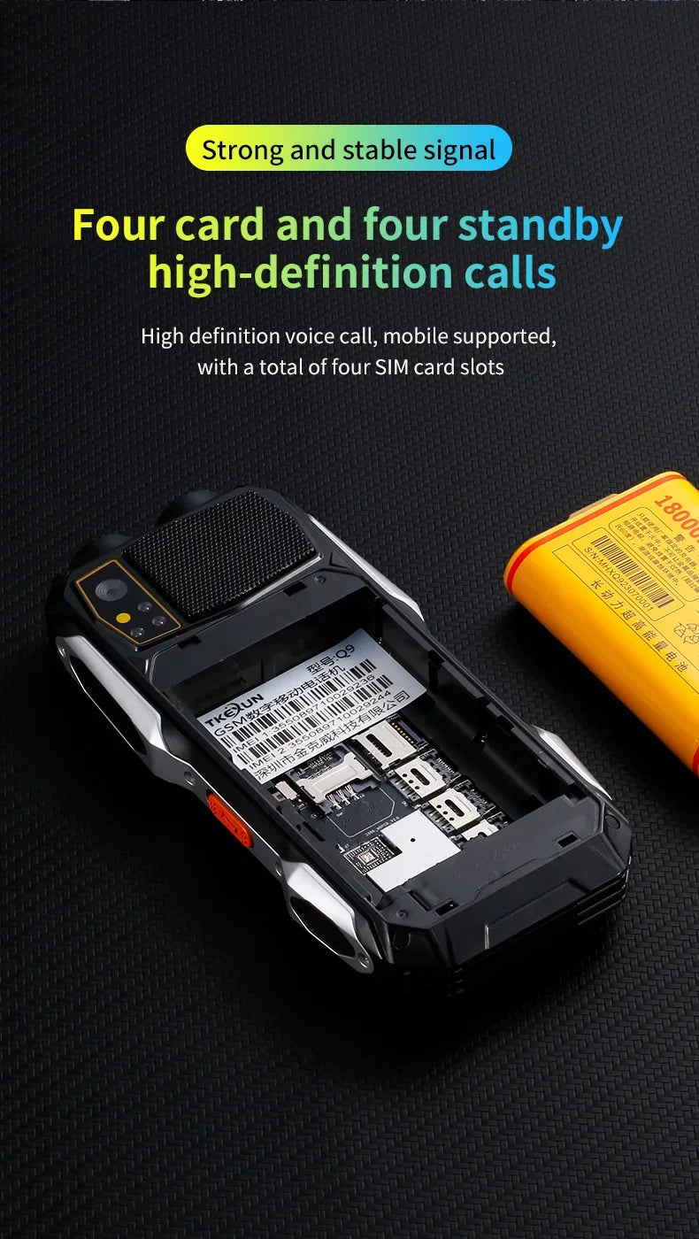 YEEMI Q9 GSM 2G&4G Network Mobile Phone 2G 4SIM 4G 2SIM Cards Rugged Bar Cellphone 3.5“ HD Display Big Battery Loud Sound Phone