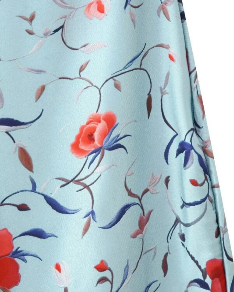 2026 Women Satin Floral Print Halter Neck Dress Fringe Trim Asymmetrical Hem Party Maxi Dress for Beach Vacation