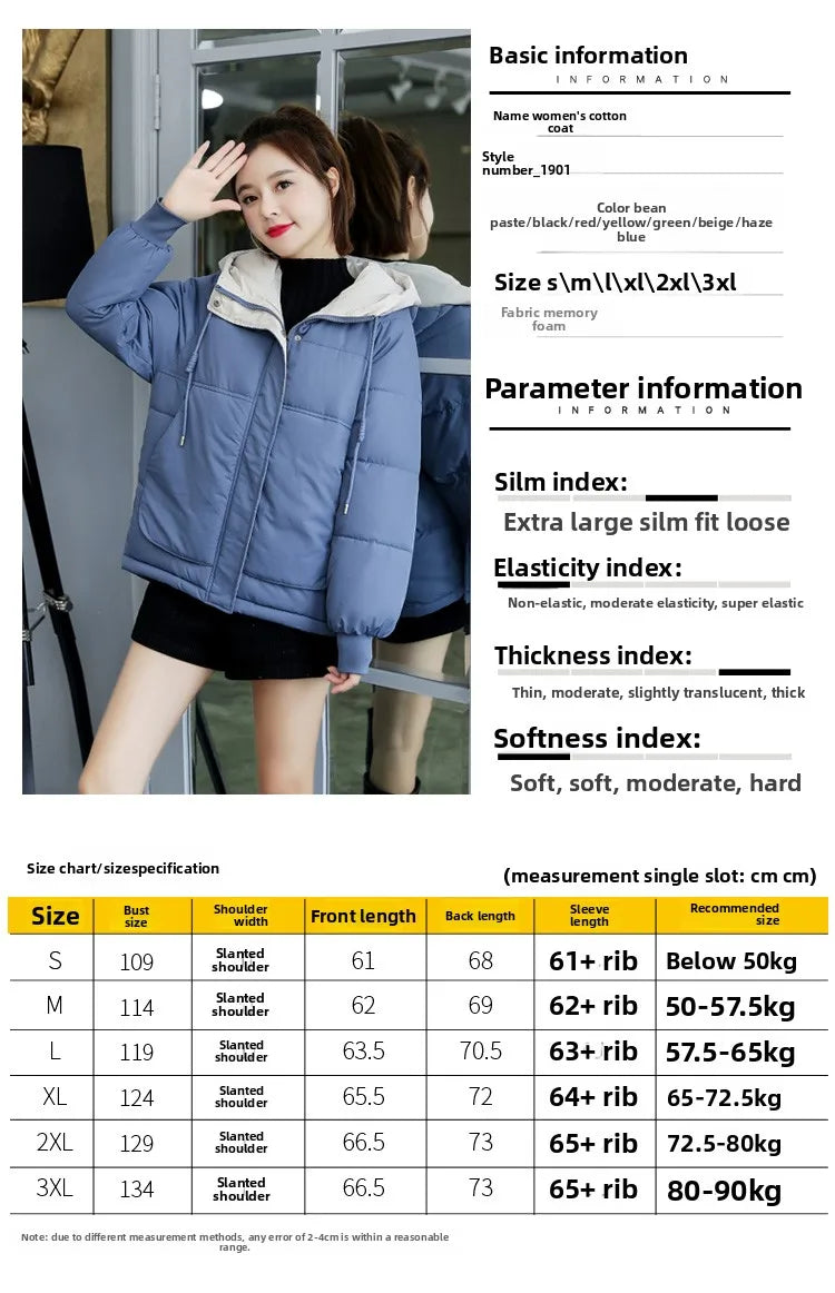Women's Thickened Cotton Jacket Bread Style Loose Fit Short Coat Winter Outerwear Korean Version Student Friendly Zipper Closure