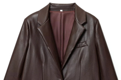 Women's Fashion Faux Leather Blazer Coat Loose Fit Old Money Style Long Sleeve Front Button Chic Outerwear Top