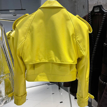 YOLOAgain Wide Shoulder Real Leather Jacket Women Oversized Genuine Leather Cropped Jacket