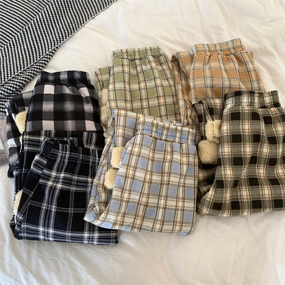 JMPRS Fashion Warm Plush Pants Thick Plaid Women Casual Loose Wide Leg Trousers Korean Streetwear Straight Student Pants New