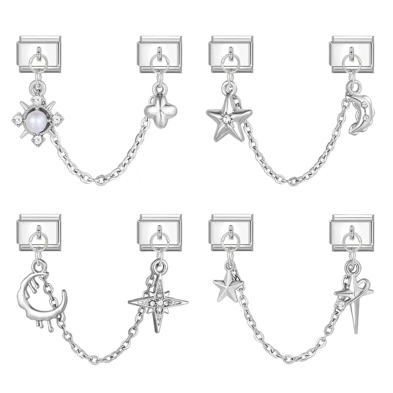 Tassel Chain Butterfly Flowers Star Moon Heart Zircon Italian Charm Links Fit 9mm Bracelet Stainless Steel DIY Jewelry Making