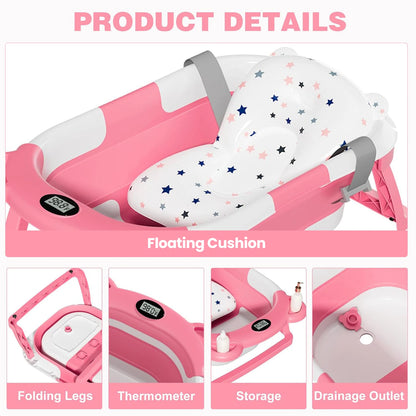 Collapsible Baby Bathtub for Newborn with Thermometer &1Soft Floating Cushion,Portable Travel Bathtub with Drain Hole,Baby Tubs