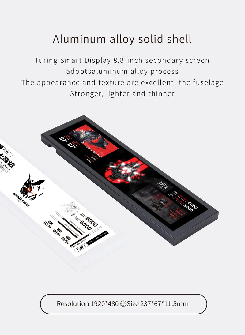 TURZX 8.8 Inch USB Secondary Screen Type-C Desktop Extended Display TF Card Play 1920*480 IPS LCD CPU RAM GPU Monitor NO AIDA64