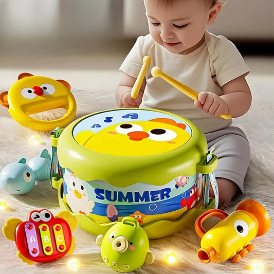 Baby Musical Storage Drum with Percussion Instruments, Cartoon Early Educational Music Toy Toddlers Baby Shower Gift