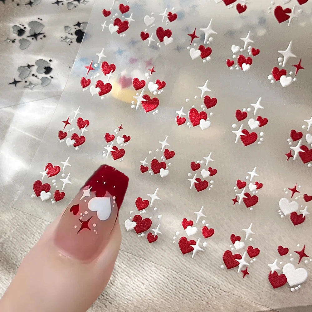 3D Valentine's Day Love Heart Nail Art Sticker Red White Cross Stars Self-Adhesive Nail Decals 8*10cm Kawaii Heart Nail Sticker