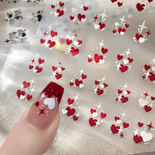 3D Valentine's Day Love Heart Nail Art Sticker Red White Cross Stars Self-Adhesive Nail Decals 8*10cm Kawaii Heart Nail Sticker