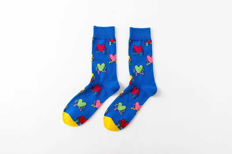 1Pair 35-44 Men Casual Cotton Sock Harajuku Cartoon Flamingo Loving Heart Cute Funny Character Japanese Socks