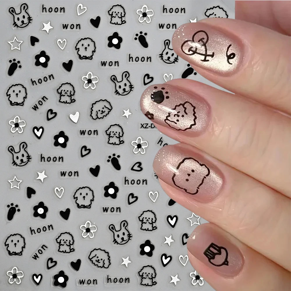 12pcs/set Cute Cartoon Dog/Cat Nail Art Stickers 3D Graffiti Black Cat Dog  Nail Decals 8*10cm Self-Adhesive Cartoon Nail Art Su