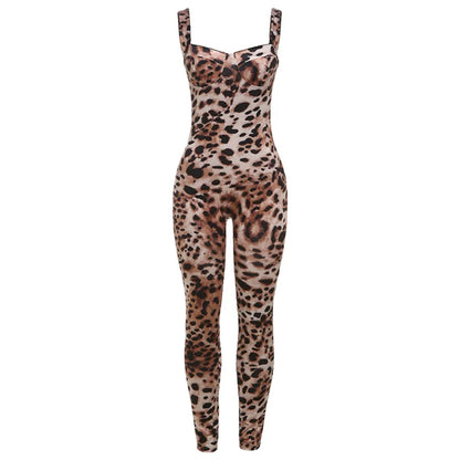 VEITCHE Leopard Printed Women Summer Jumpsuits Sexy Hot Popular Low Neck Spaghetti Strap Skinny Overalls Female Trend Midnight