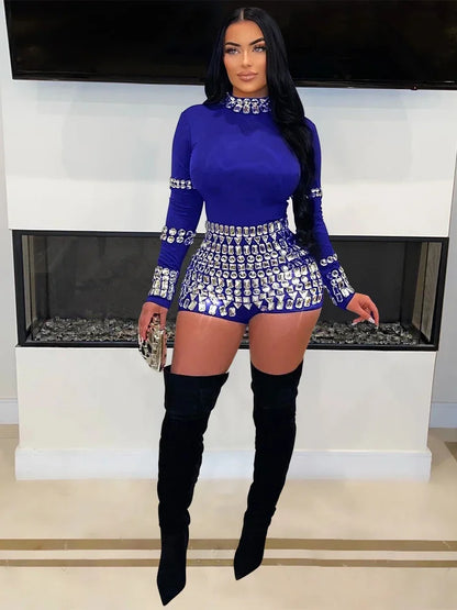 Leosoxs Women Diamonds Hot Rhinestones Long Sleeve Short Jumpsuits 2024 Summer Sexy Party Club One Piece Suit Rompers Playsuits