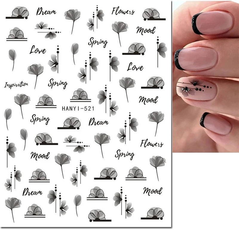 3d Nail Art Decals Watercolor Florals Purple Green Pink Flowers Leafs Fruit Adhesive Sliders Nail Stickers For Manicure
