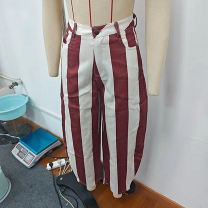 Casual Striped Women's Jeans Mid-rise Single Button Pockets Lady Curved-leg Pants 2026 Spring Summer Fashion Female Trousers