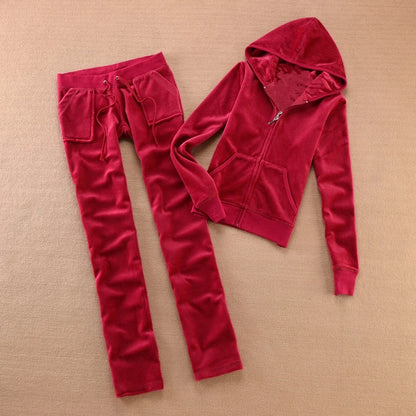 Solid Color Velvet Tracksuit 2025 Women's Zipper Top and Pants Suit Two-Piece Set