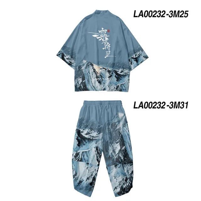 Large Size 5XL 6XL Japanese Kimono Cardigan Pants Set Print Fox Men Women Shirt Tradition Yukata Haori Obi Cosplay Costume