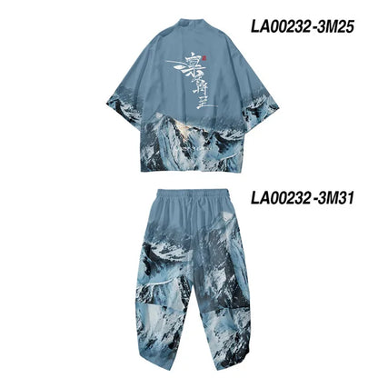 Large Size 5XL 6XL Japanese Kimono Cardigan Pants Set Print Fox Men Women Shirt Tradition Yukata Haori Obi Cosplay Costume
