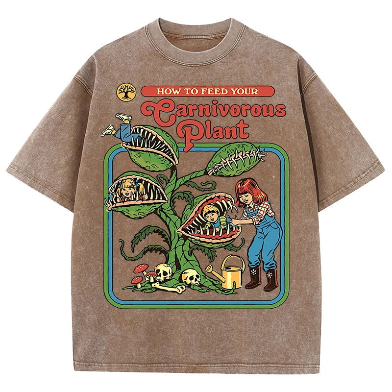 Earnivorous Plant Pattern Washed T-Shirts Men Breathable Cotton Casual T Shirt Soft Summer Comfortable Crewneck Short Sleeve