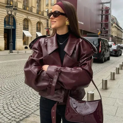 Vintage Lapel Leather Biker Jacket Women Bomber Jacket Short Coat Streetwear Zip Long Sleeve Windproof Outerwear Black Wine Red