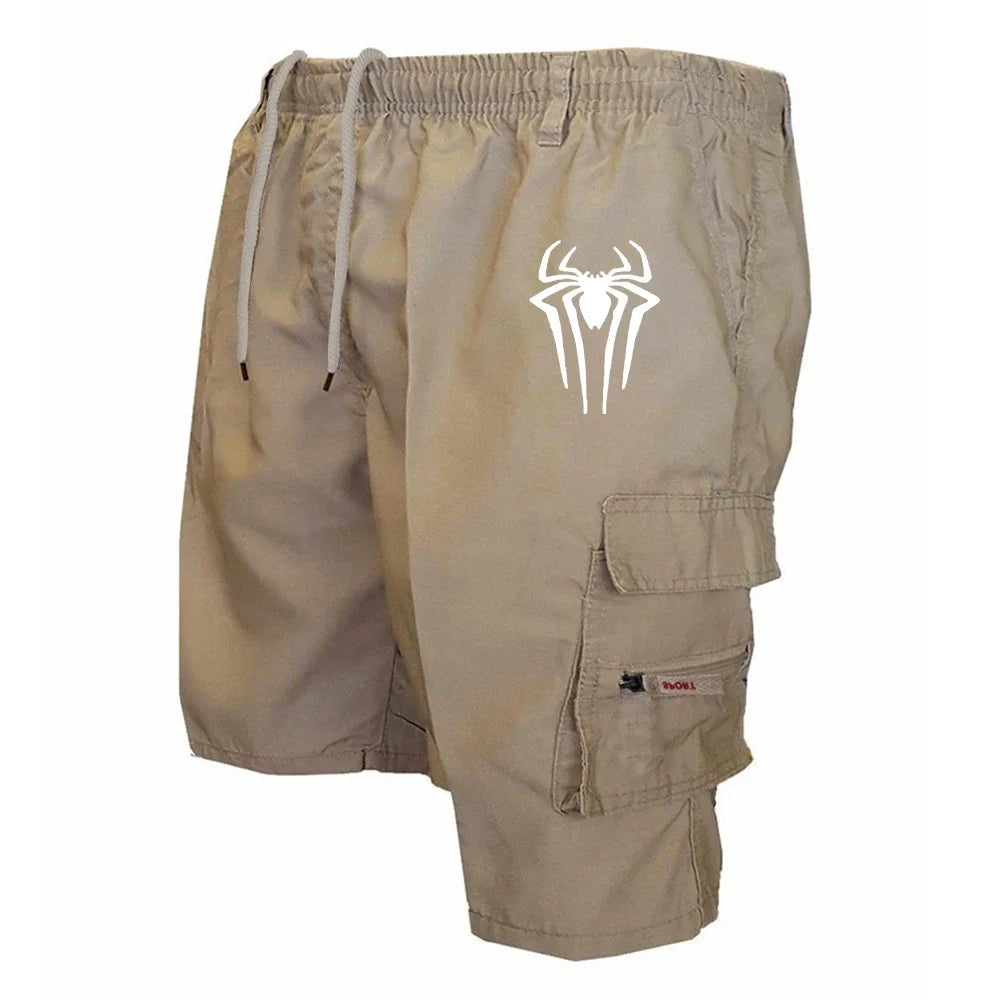 Men's Spider Print Cargo Shorts Male Outdoor Overalls Elastic Waist Cycling Shorts Multi-pockets Loose Work Beach Sports Shorts
