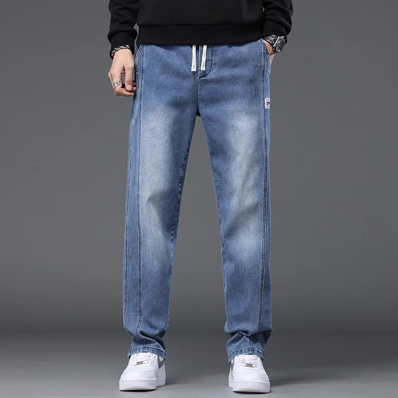 Autumn Winter Blue Jeans Men Drawstring Elastic Waist Cotton Cargo Denim Pants Work Fashion Thick Trousers Male Plus Size M-4XL
