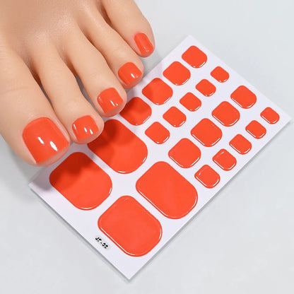 1Sheet=22Tips Glossy Red Toe Nail Stickers Full Cover Solid Color Press On Toenails Patch UV Baking Free Foot Gel Polish Wraps #