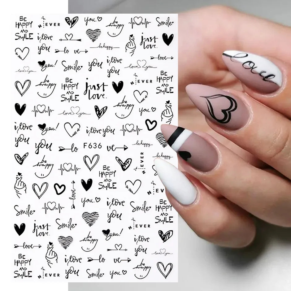 Black and White Love Flowers Line Art 3D Stickers Nail Decals Nail Art Accessories Butterfly Rose Nail Stickers Nail Sliders