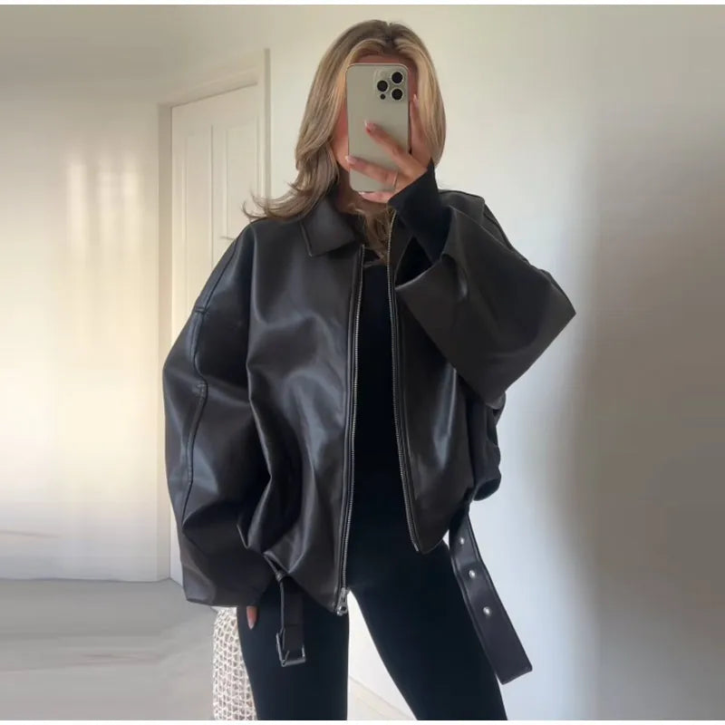 Street Women's Belt Leather Jackets Loose Lapel Zipper Long Sleeve Pockets Female Coats 2026 Autumn Lady Fashion Y2k Outwear