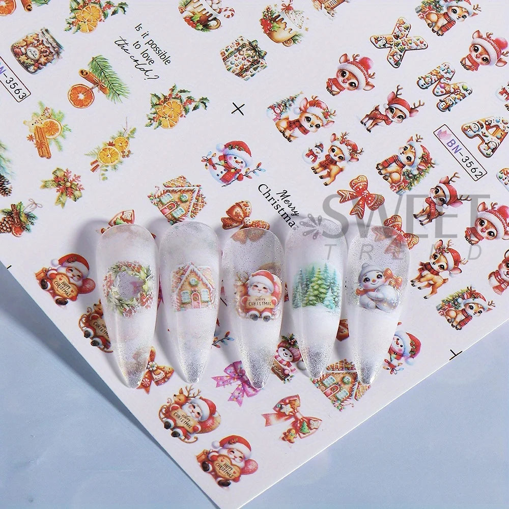 12 Designs Christmas Watermark Nail Stickers Gingerbread Man Deer Bow Snowflake Tree Santa Water Sliders Holiday Manicure Decor