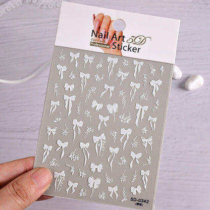 1pcs 5D White Lace Bowknot Nail Art Sticker Sweet Pearl  Bow Ribbon Self-Adhesive Nail Slider DIY Luxury Nail Decorations Decals