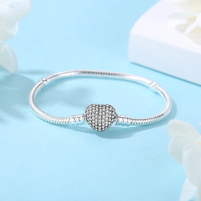 Original 925 Sterling Silver Bracelets Love Heart Moon Flower Butterfly Pave CZ Bracelets For Women DIY Jewelry Party Gift