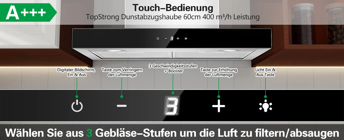 Topstrong 60cm Wall Mounted 400m³/h A+++ LED Touch Control Stainless Steel Extractor Fan Quiet 52dB Kitchen Hood