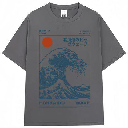 Japanese Style Hokkaido Wave Vintage T-shirt Men Women Harajuku Fashion High Quality T Shirts Oversized Cotton Summer Tee Shirt