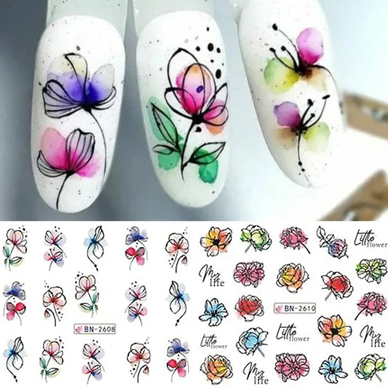 12Spring and Summer Water Transfer Ink Floral Nail Sticker Set Contains Blooming Flowers and Green Leaves Graffiti Slider Nail